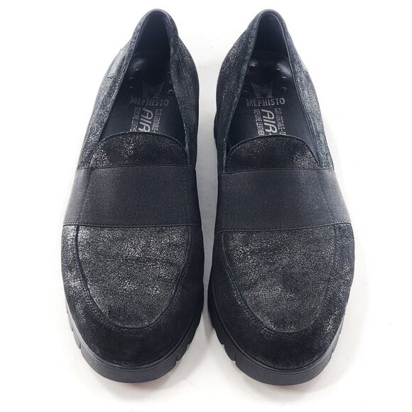 MEPHISTO Loriane Black Sparkly Leather Slip-On Loafers Wedge Heel - Picture 4 of 10